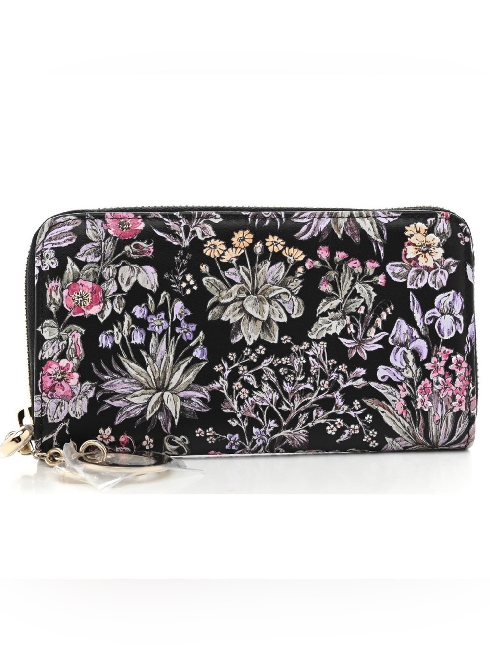 Dior Calfskin Millefiori Printed Lady Dior Zip Wallet Floral Black